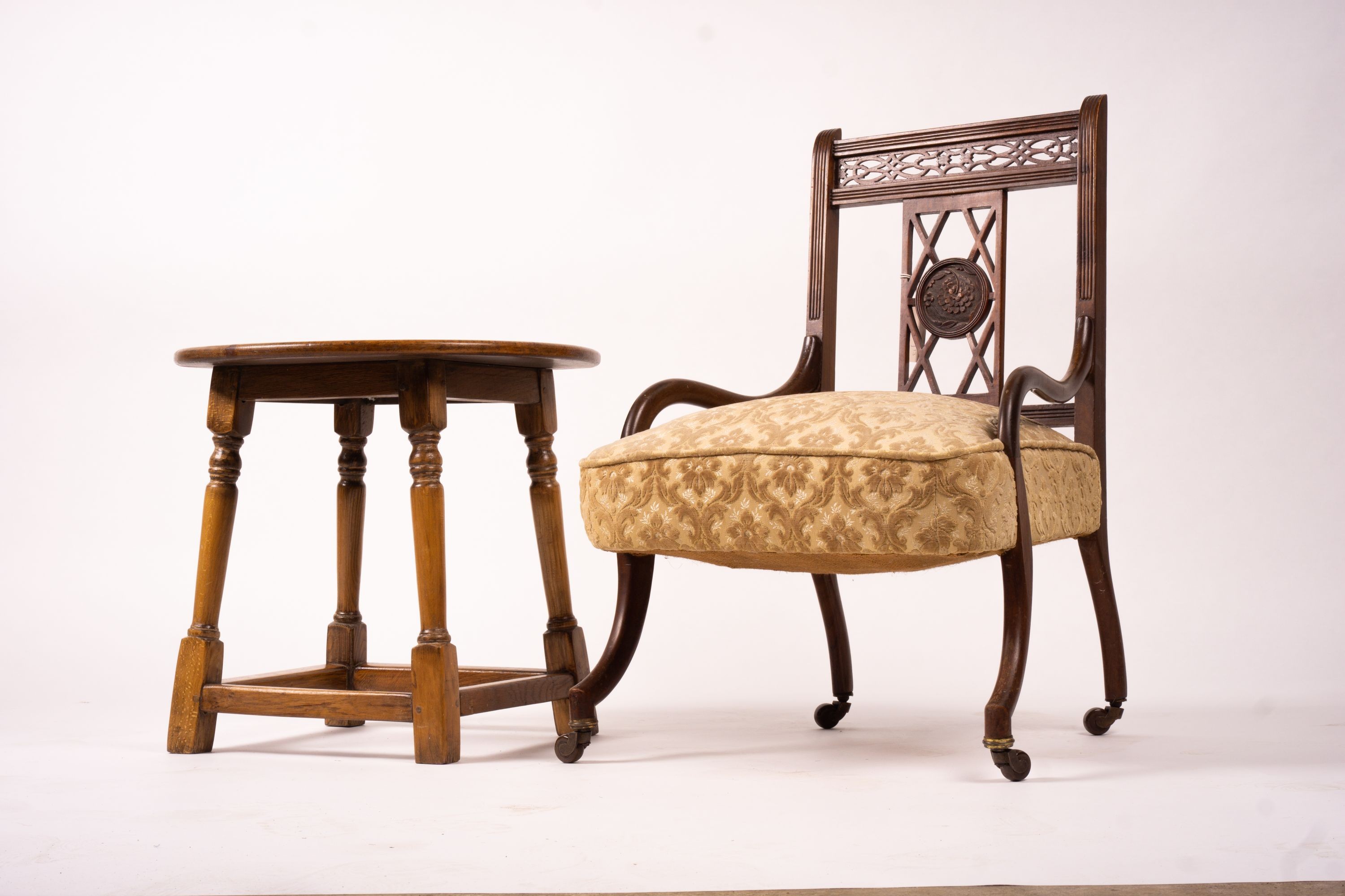 A Victorian salon chair, a Victorian side chair, square oak occasional table and a circular table